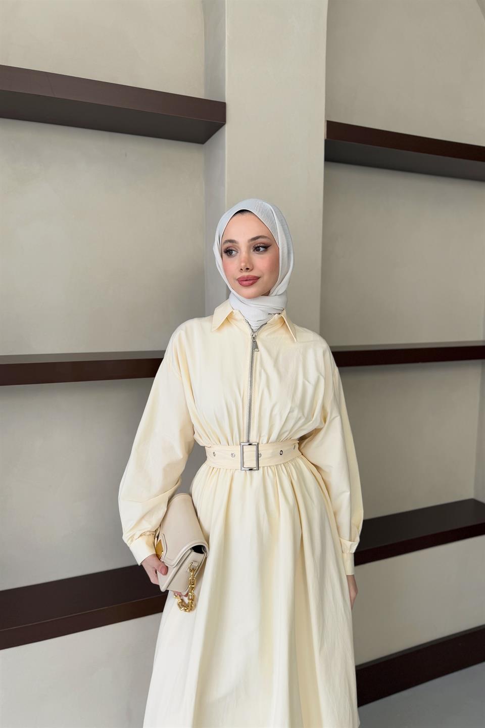 Kemerli Balon Kol Elbise - Bej