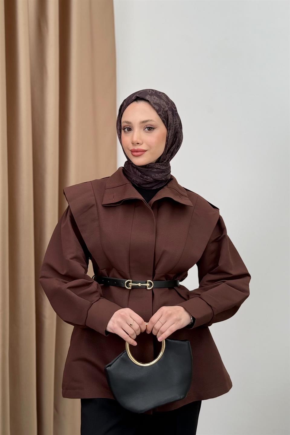Belted Balloon Sleeve Trench Coat - Brown