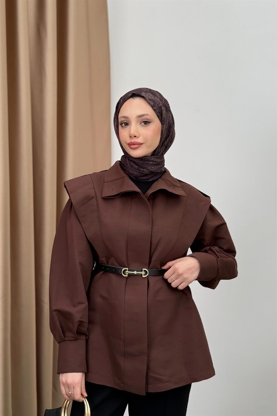 Belted Balloon Sleeve Trench Coat - Brown