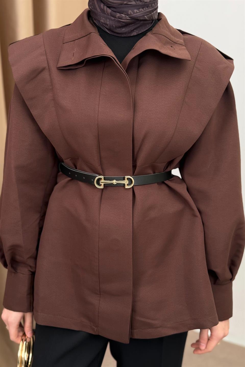 Belted Balloon Sleeve Trench Coat - Brown