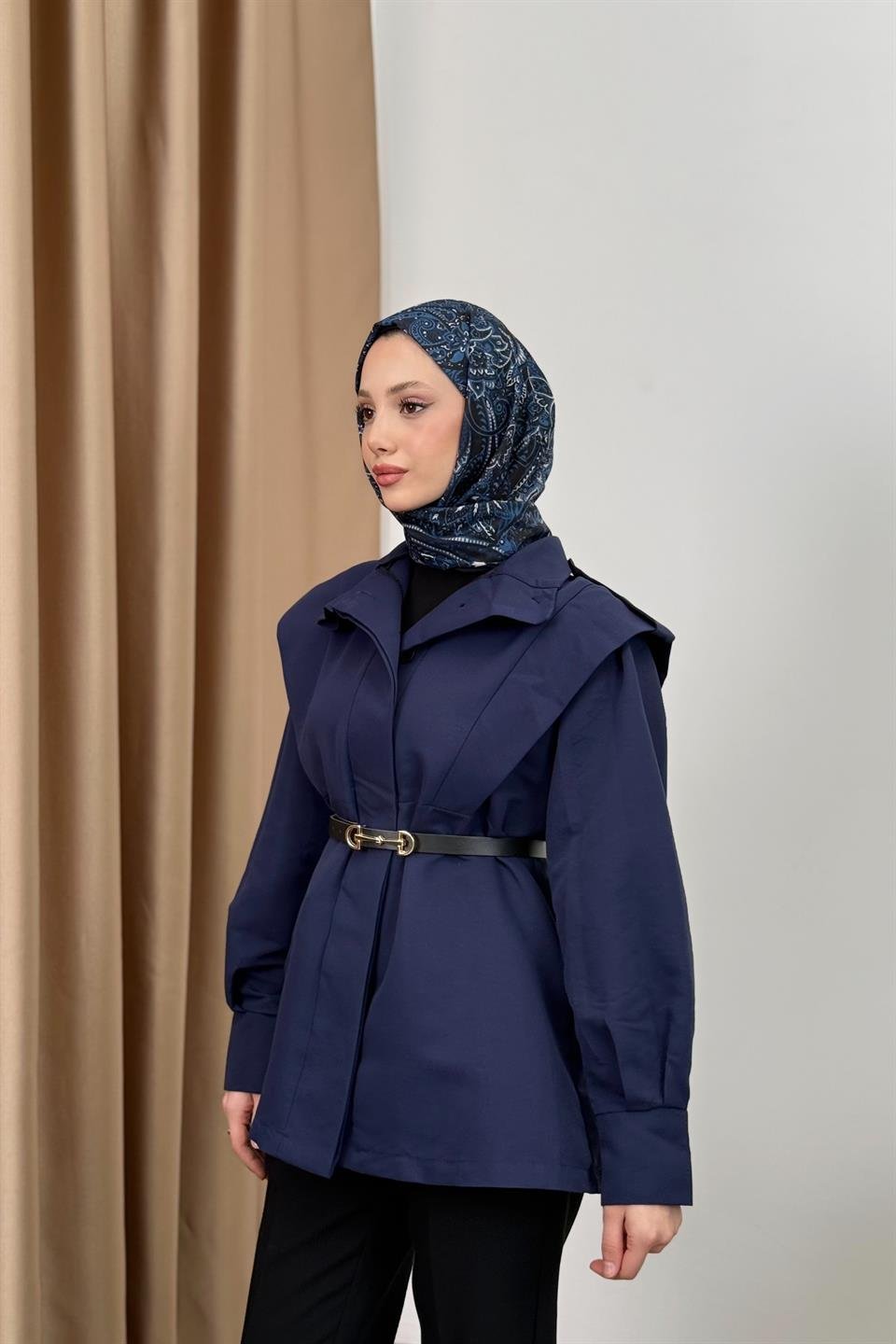 Belted Balloon Sleeve Trench Coat - Navy Blue