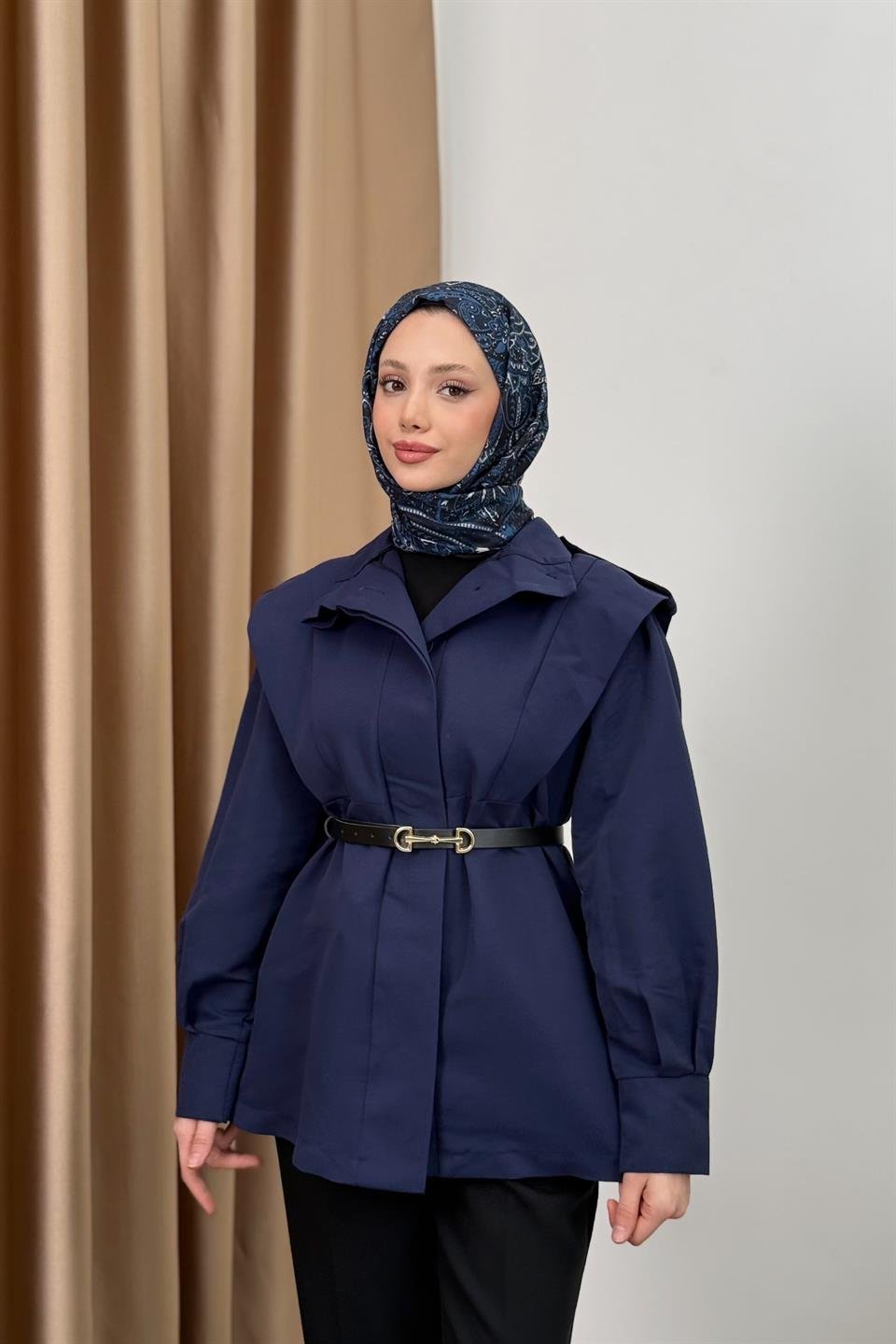 Belted Balloon Sleeve Trench Coat - Navy Blue