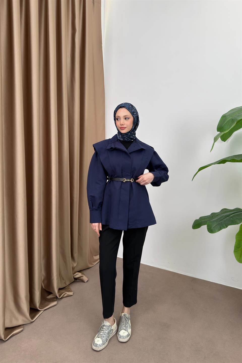 Belted Balloon Sleeve Trench Coat - Navy Blue