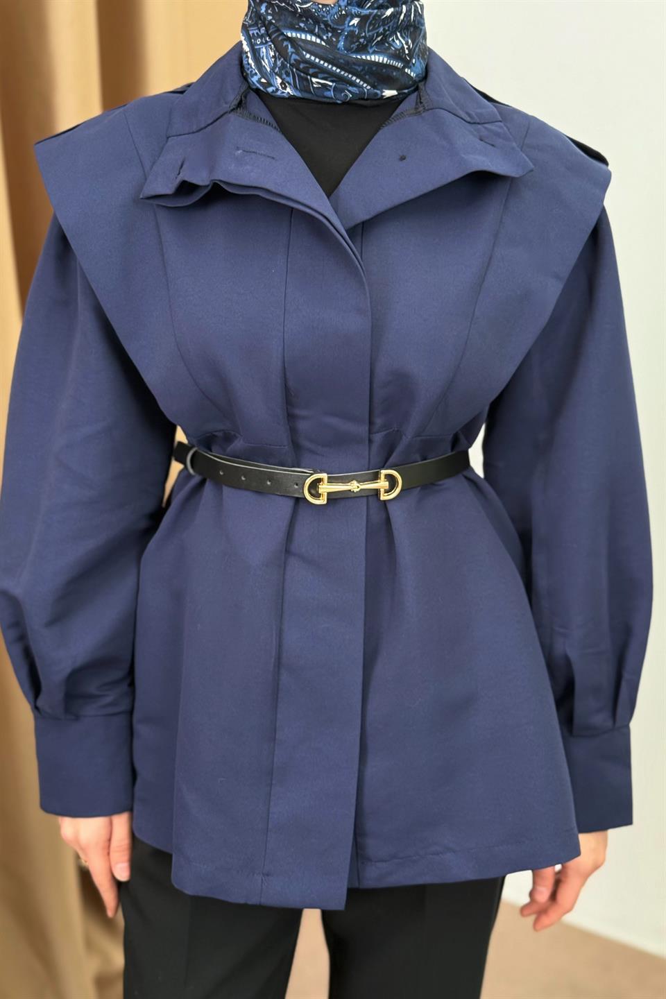 Belted Balloon Sleeve Trench Coat - Navy Blue