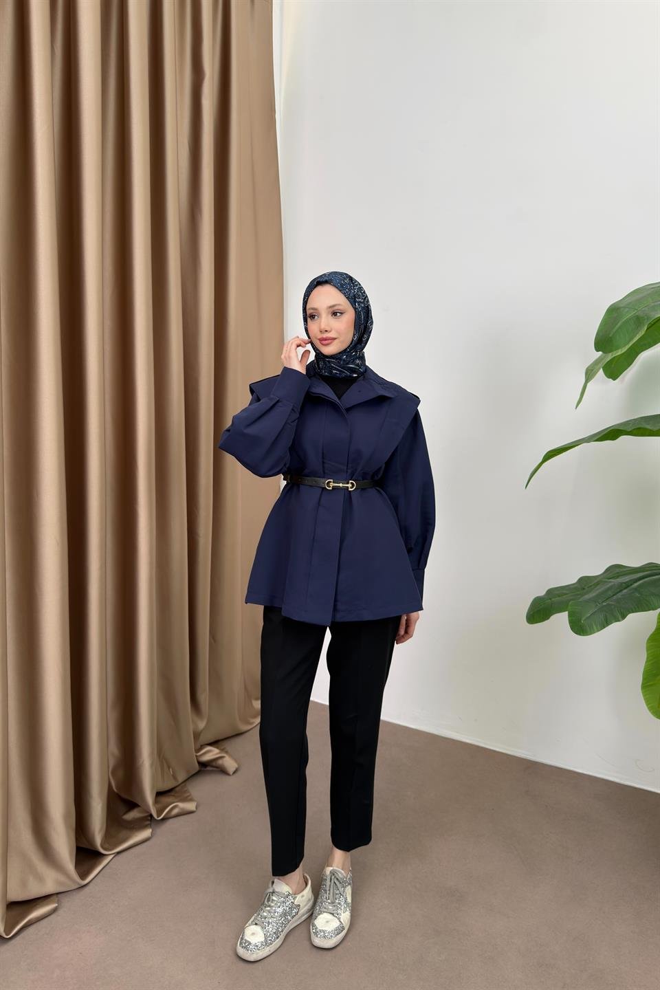 Belted Balloon Sleeve Trench Coat - Navy Blue