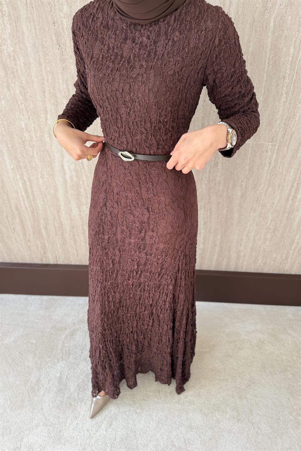 Kemerli Dantel Elbise - Kahve