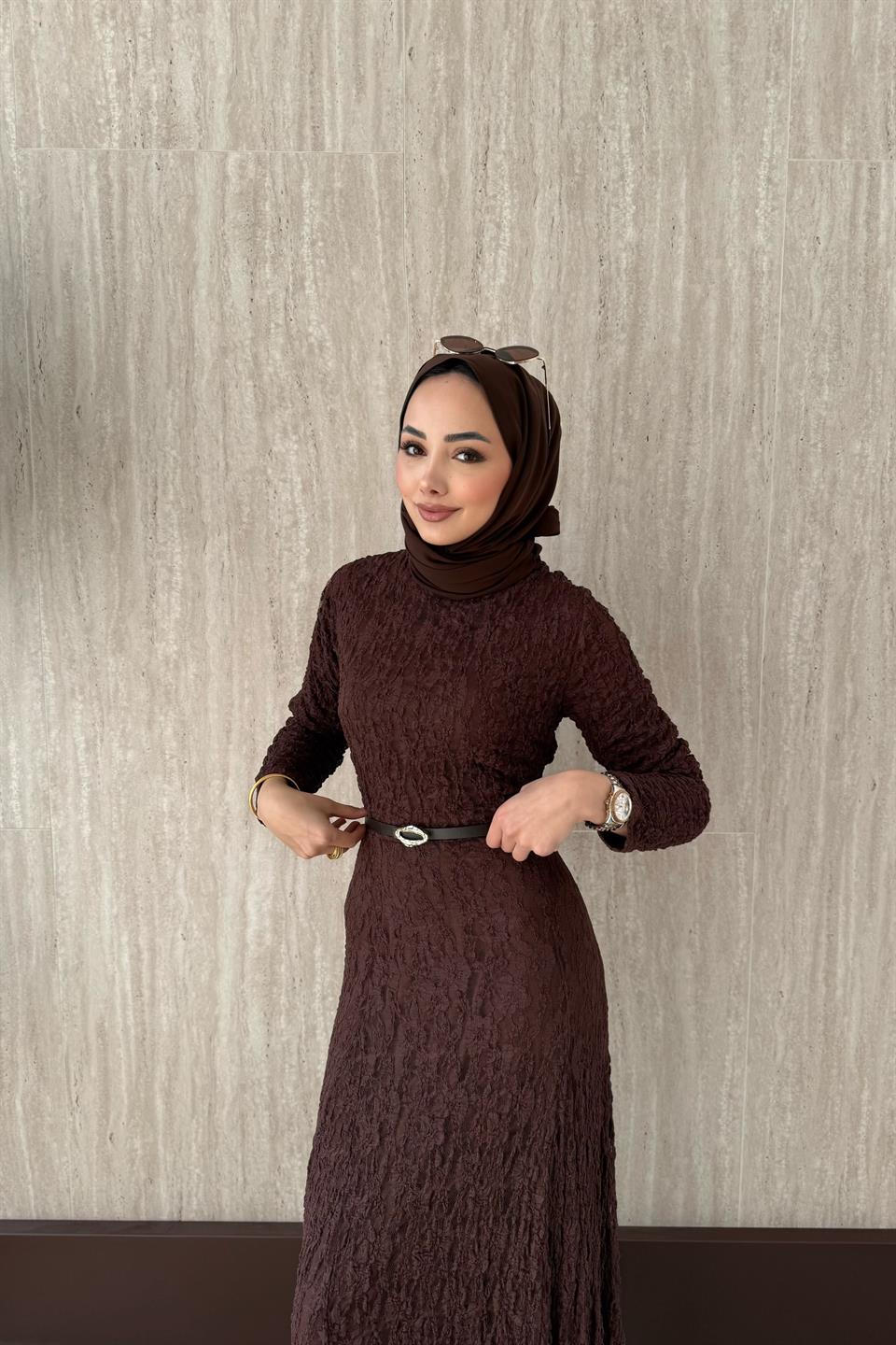 Kemerli Dantel Elbise - Kahve