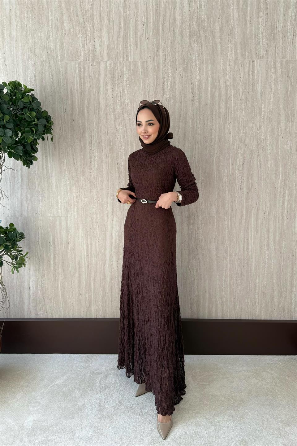 Kemerli Dantel Elbise - Kahve