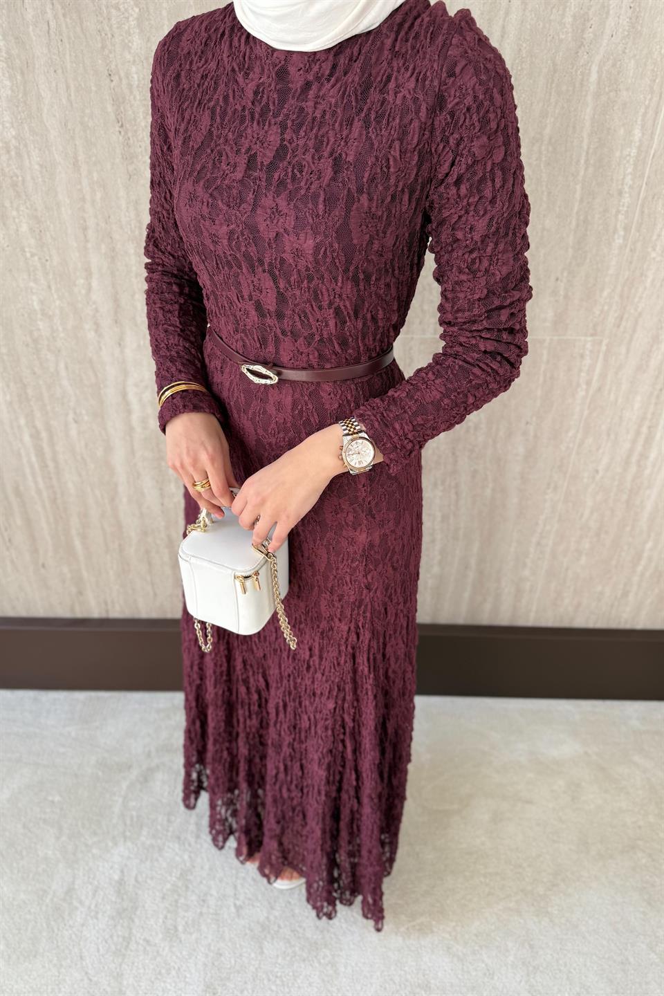 Kemerli Dantel Elbise - Mürdüm