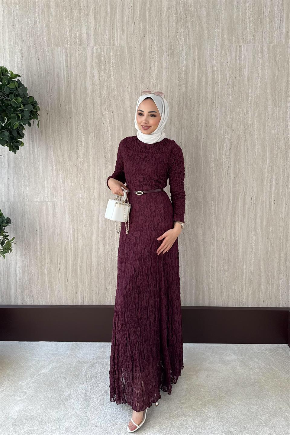 Kemerli Dantel Elbise - Mürdüm