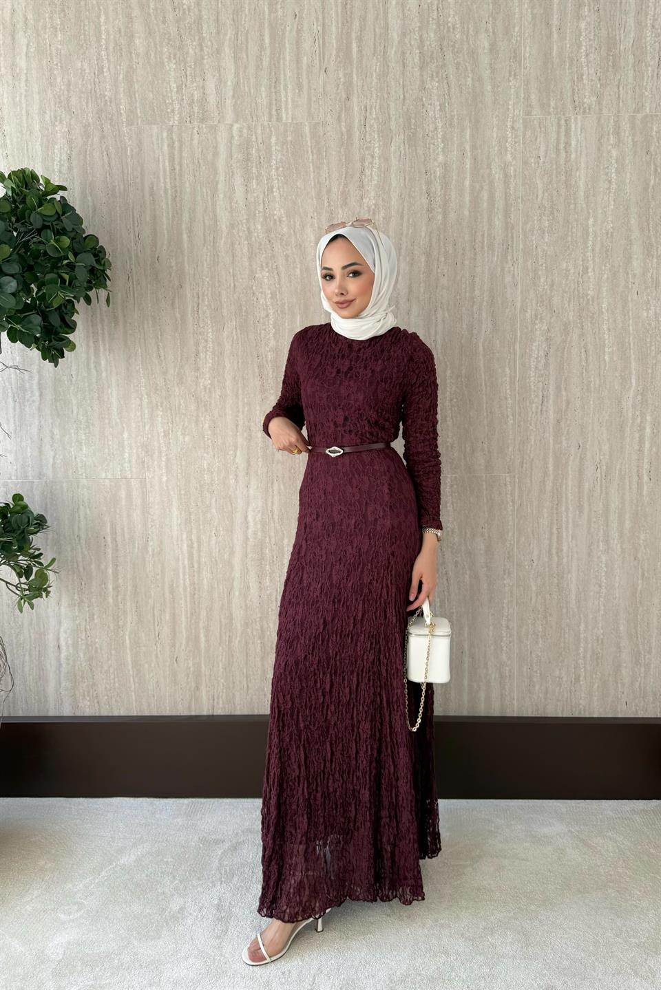Kemerli Dantel Elbise - Mürdüm