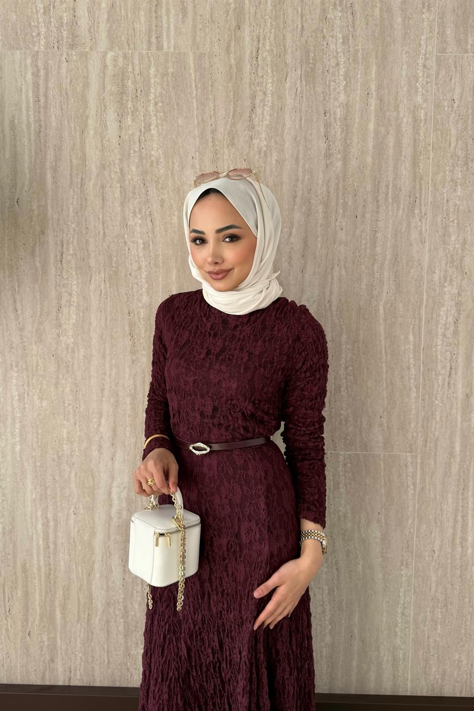 Kemerli Dantel Elbise - Mürdüm