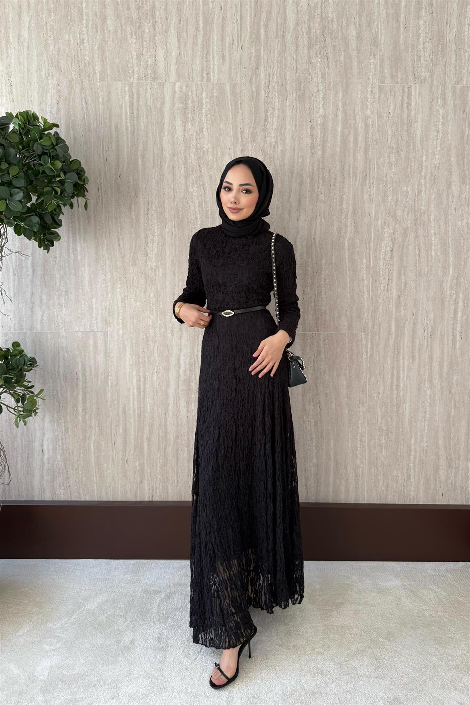 Kemerli Dantel Elbise - Siyah