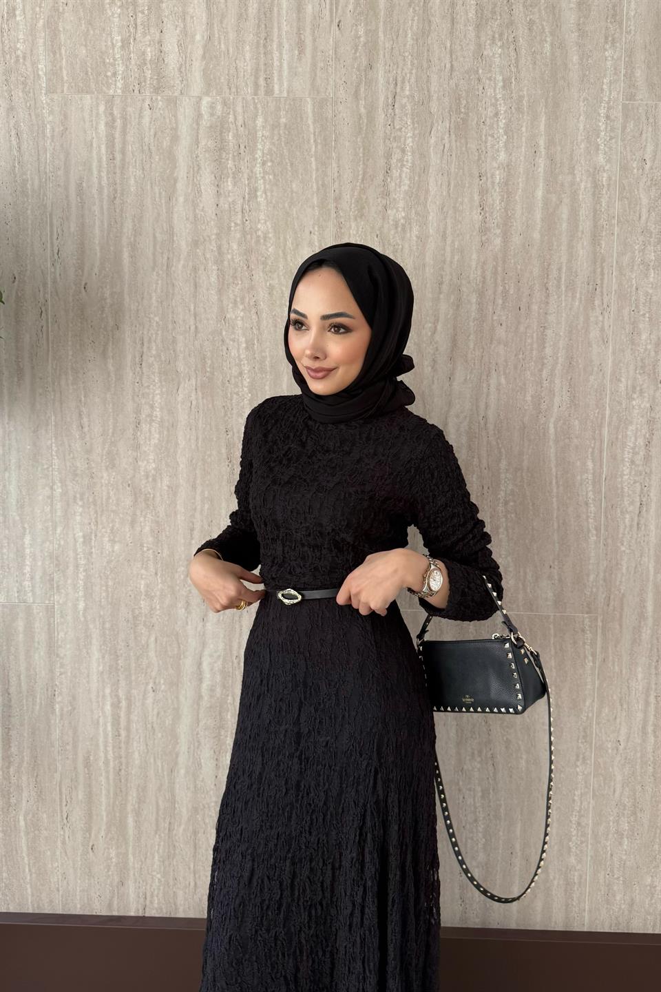 Kemerli Dantel Elbise - Siyah