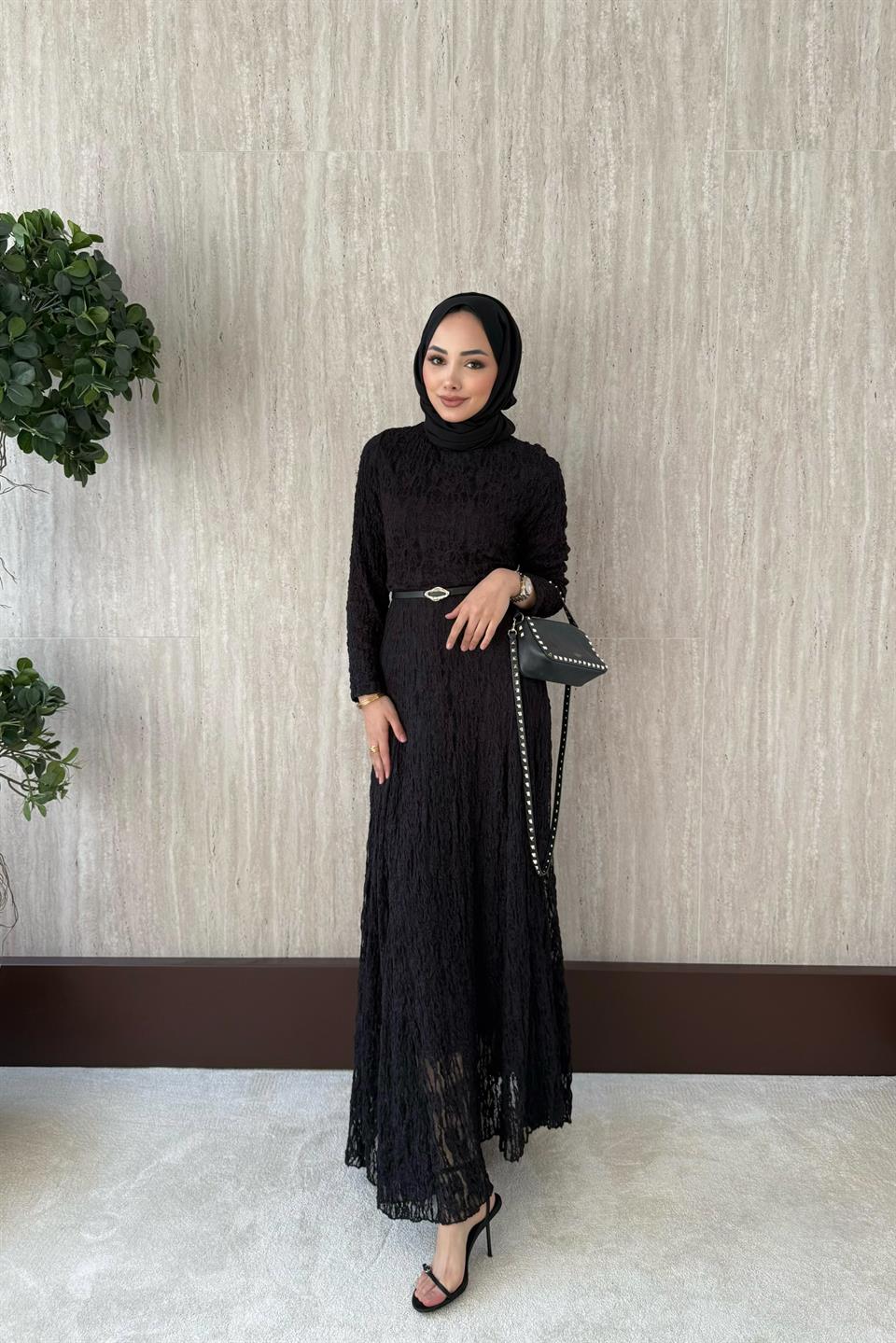 Kemerli Dantel Elbise - Siyah