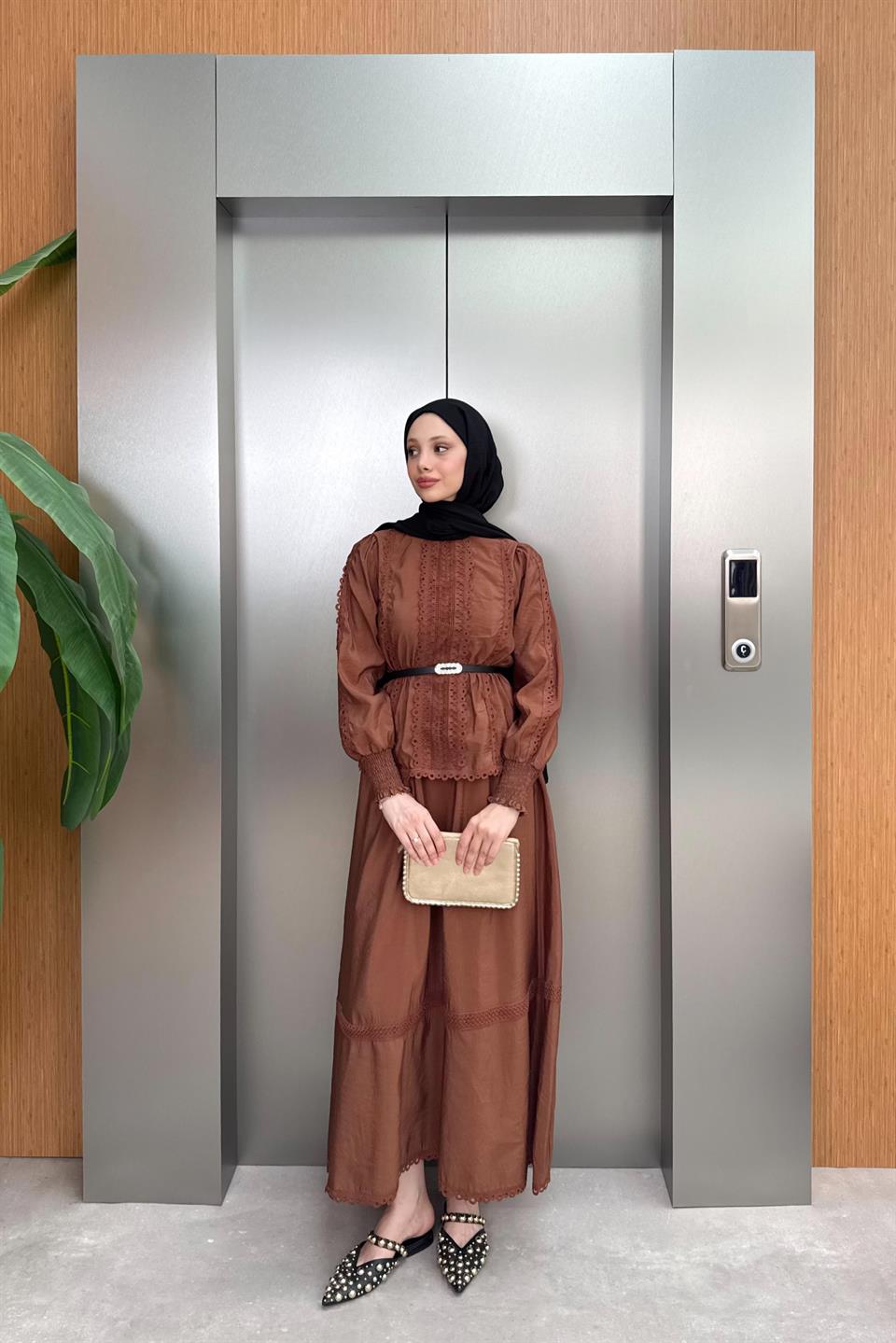 Belted Lace Skirt Suit - Brown