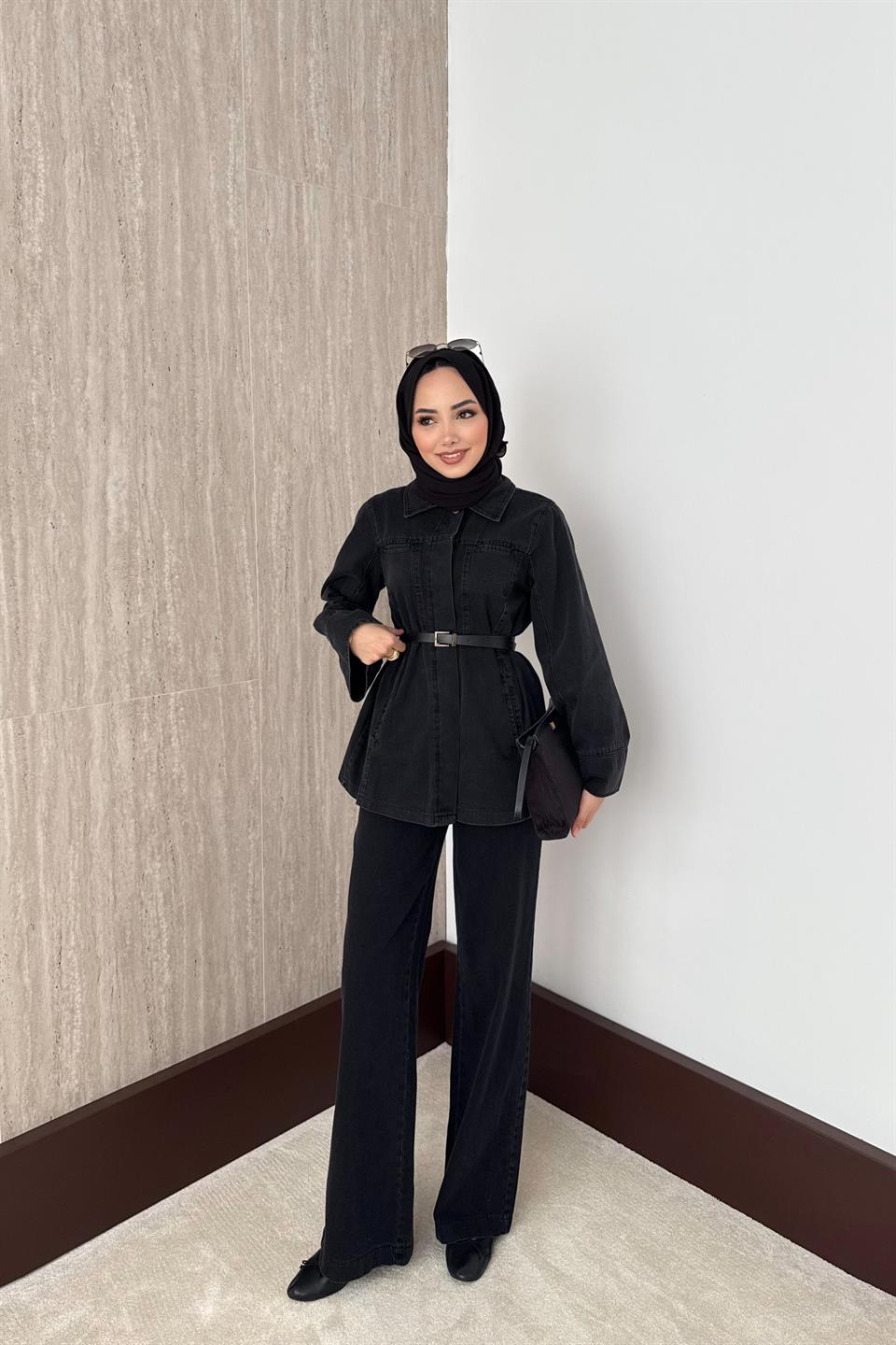 Kemerli Kot Pantolonlu Takım - Siyah