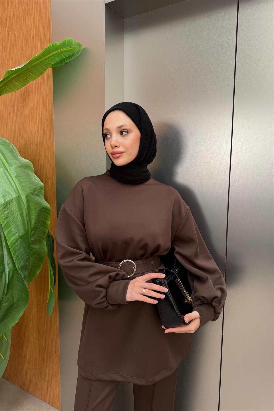 Kemerli Scuba Pantolonlu Takım - Kahve