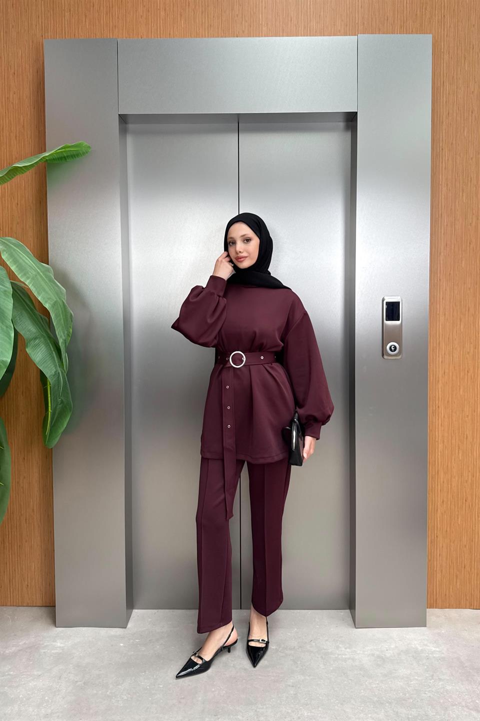 Kemerli Scuba Pantolonlu Takım - Mürdüm