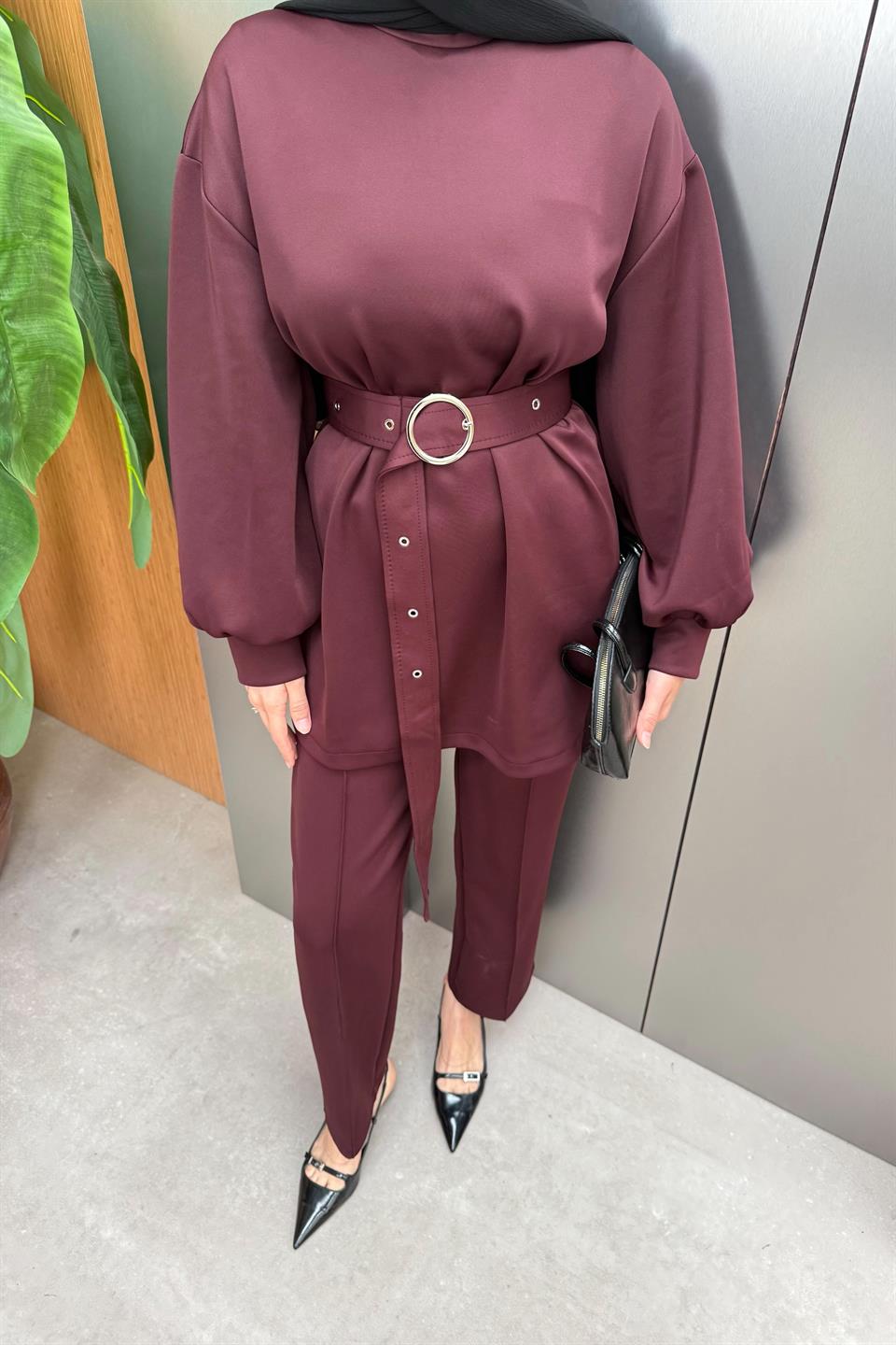 Kemerli Scuba Pantolonlu Takım - Mürdüm