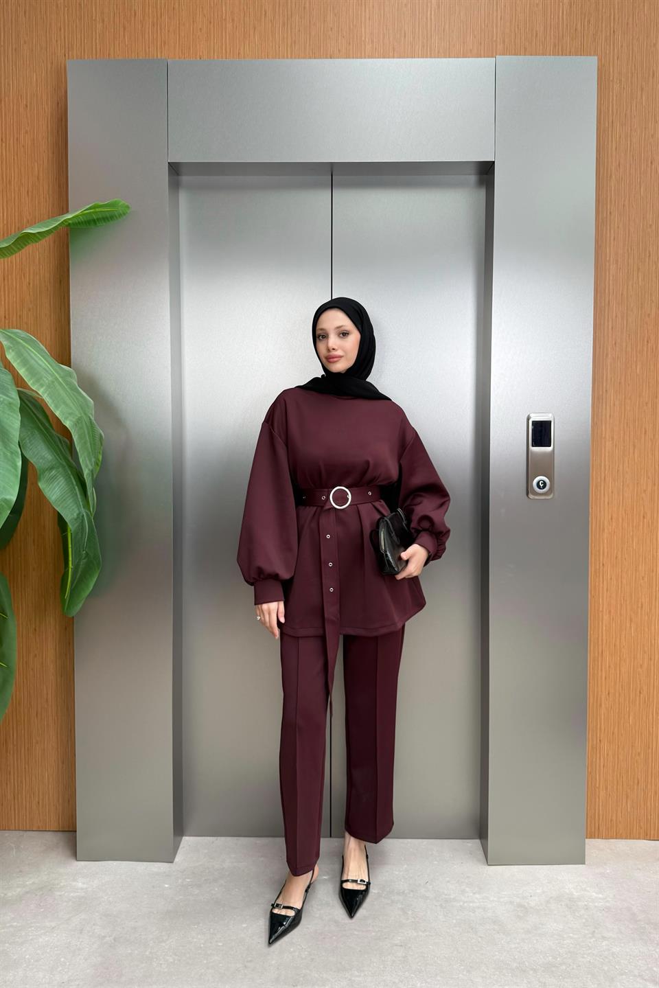 Kemerli Scuba Pantolonlu Takım - Mürdüm