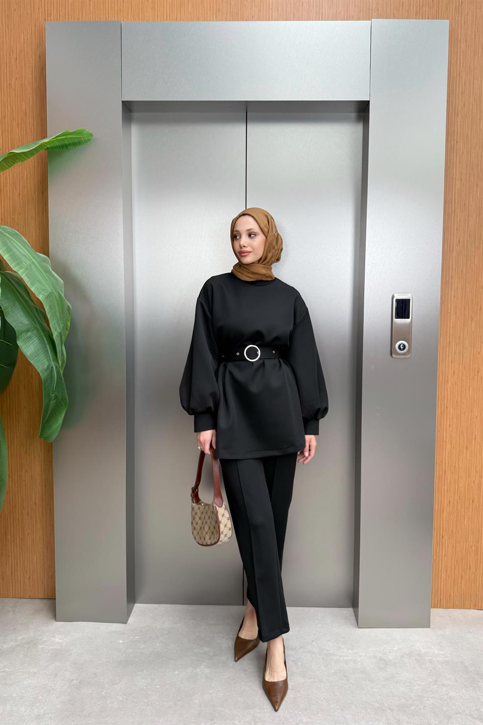 Kemerli Scuba Pantolonlu Takım - Siyah