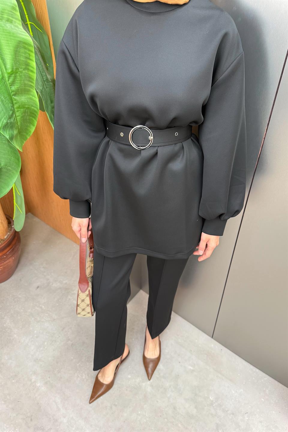 Kemerli Scuba Pantolonlu Takım - Siyah