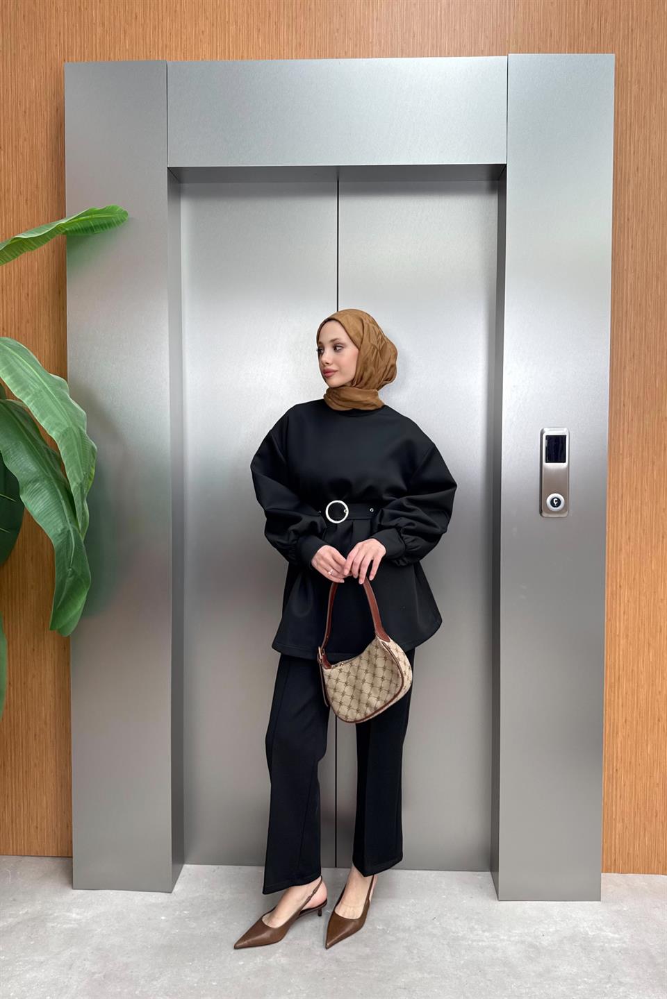 Kemerli Scuba Pantolonlu Takım - Siyah