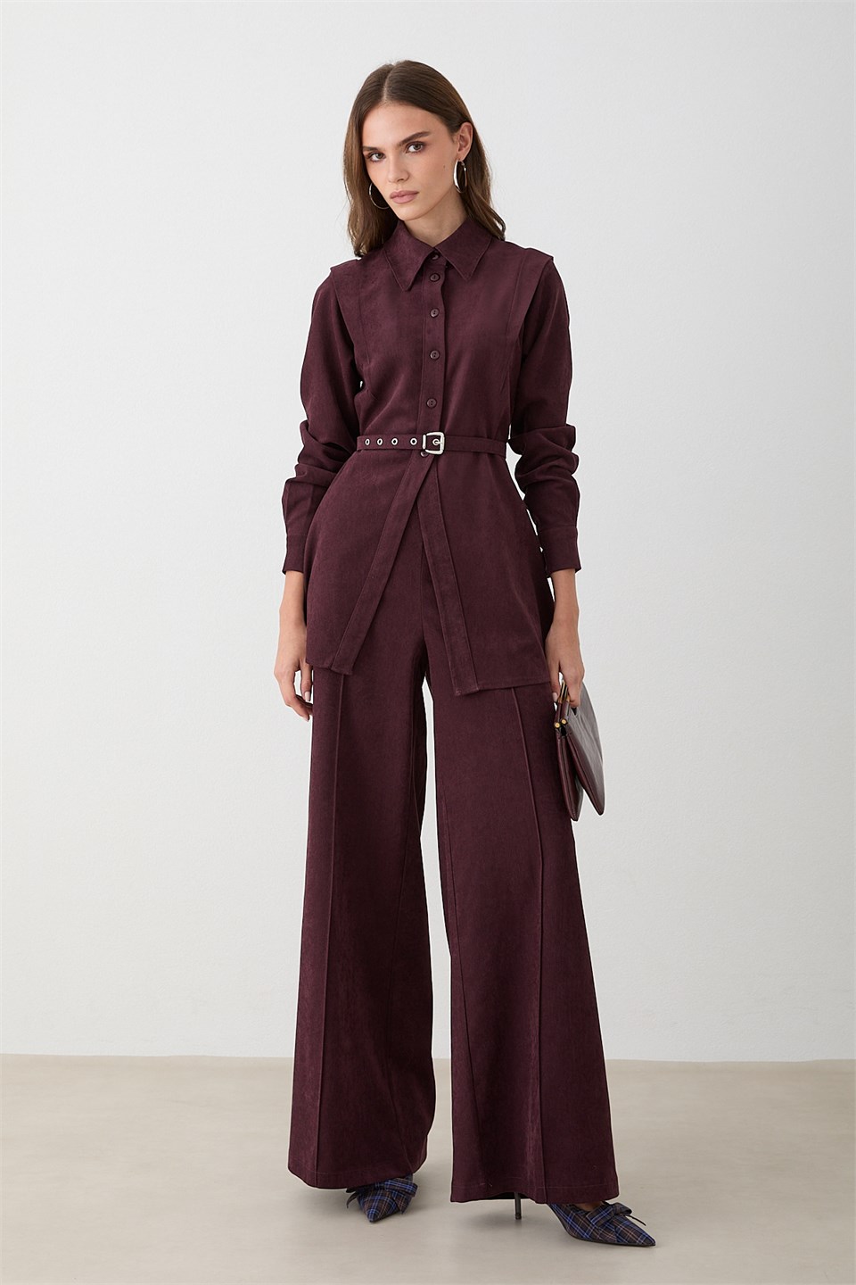 Kemerli Süet Pantolonlu Takım - Bordo