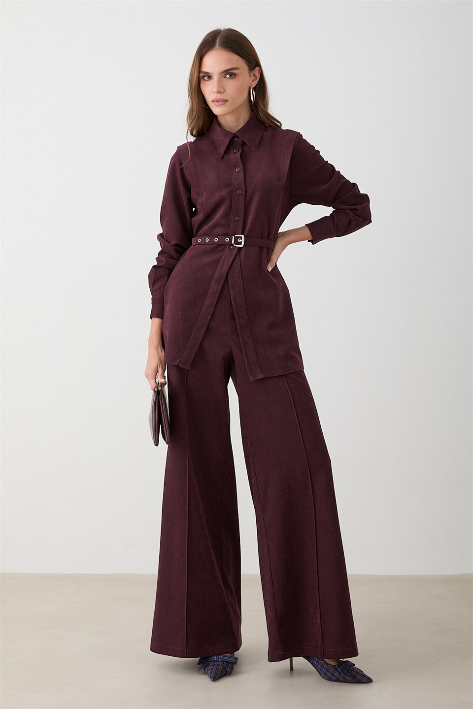 Kemerli Süet Pantolonlu Takım - Bordo