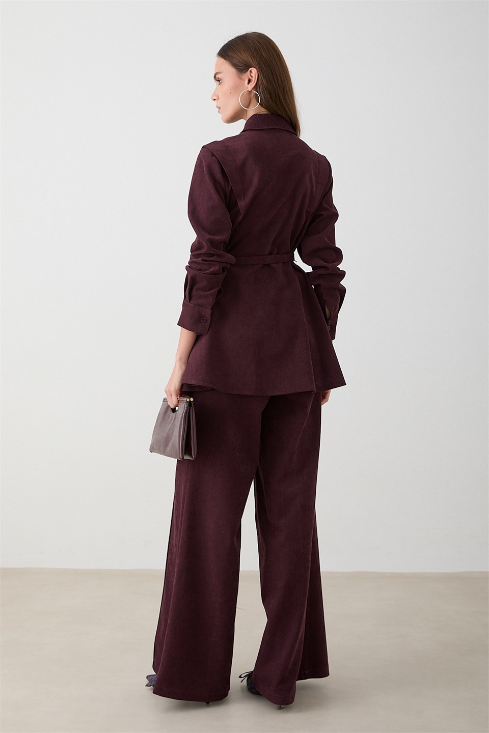 Kemerli Süet Pantolonlu Takım - Bordo