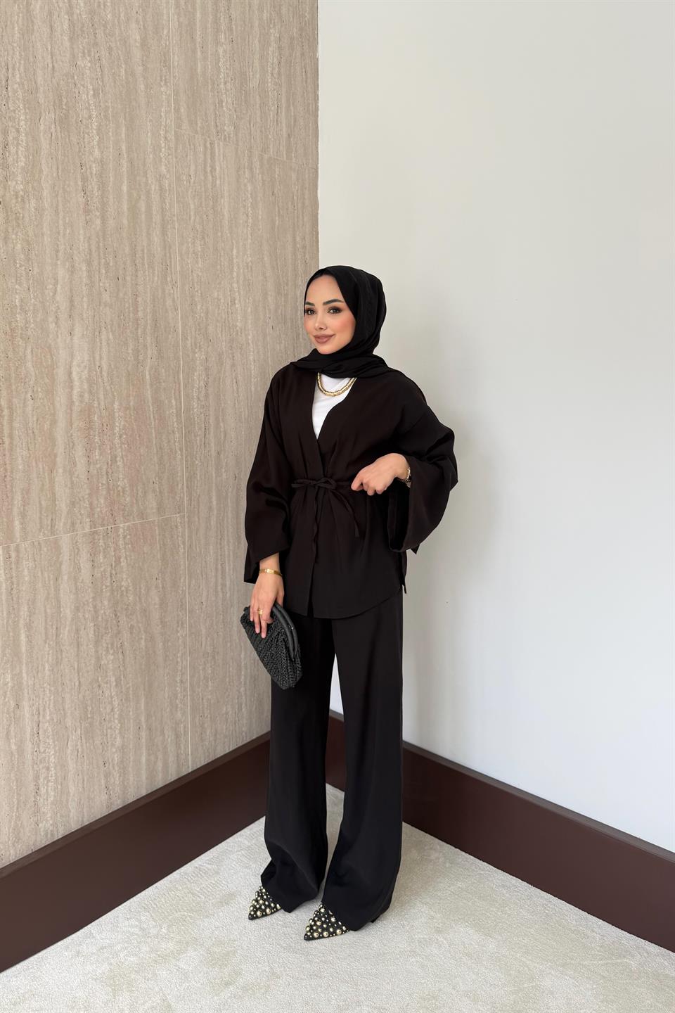 Kimonolu Modal Pantolonlu Takım - Siyah