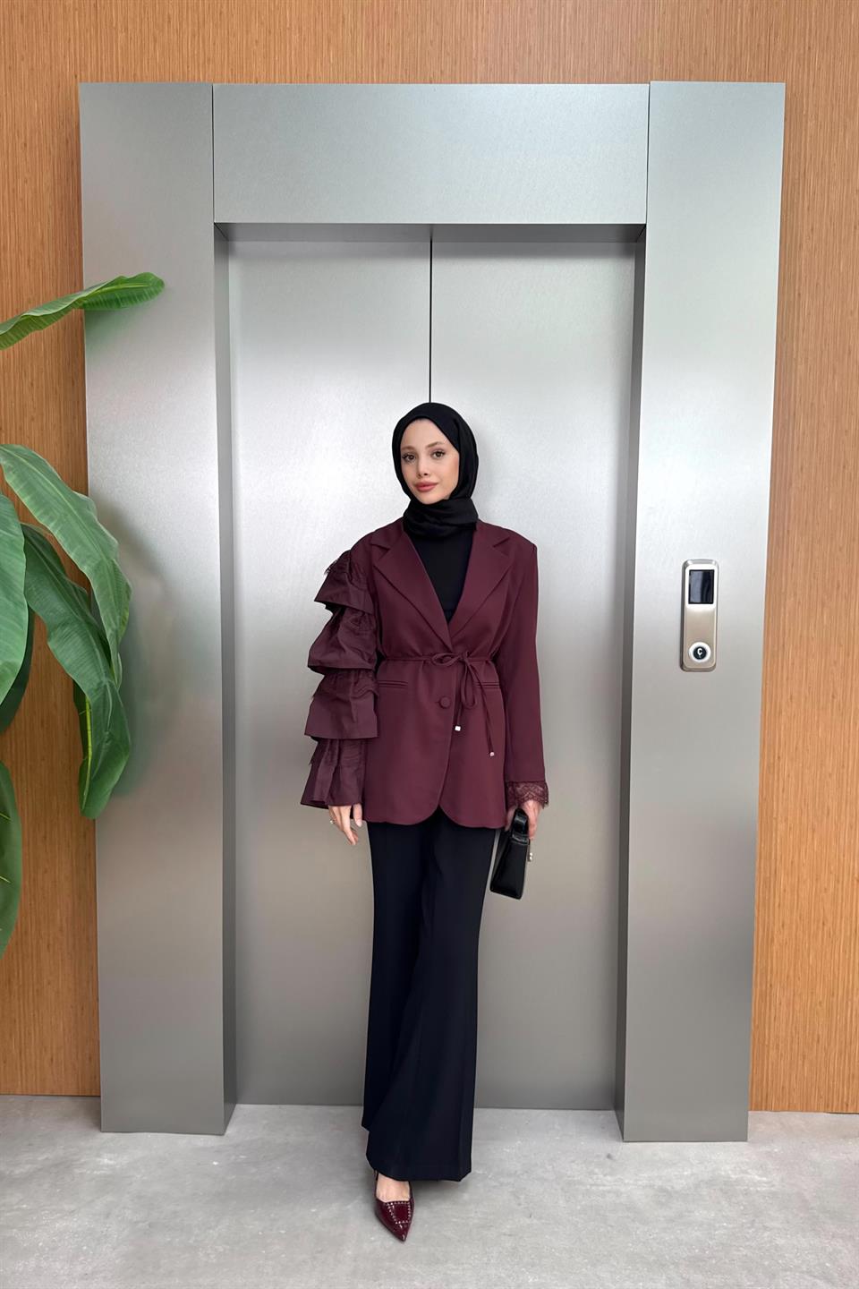 Premium Jacket with Laced Sleeves - Burgundy