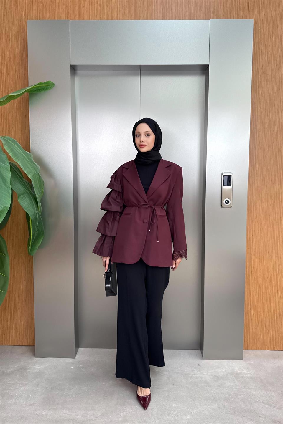 Premium Jacket with Laced Sleeves - Burgundy