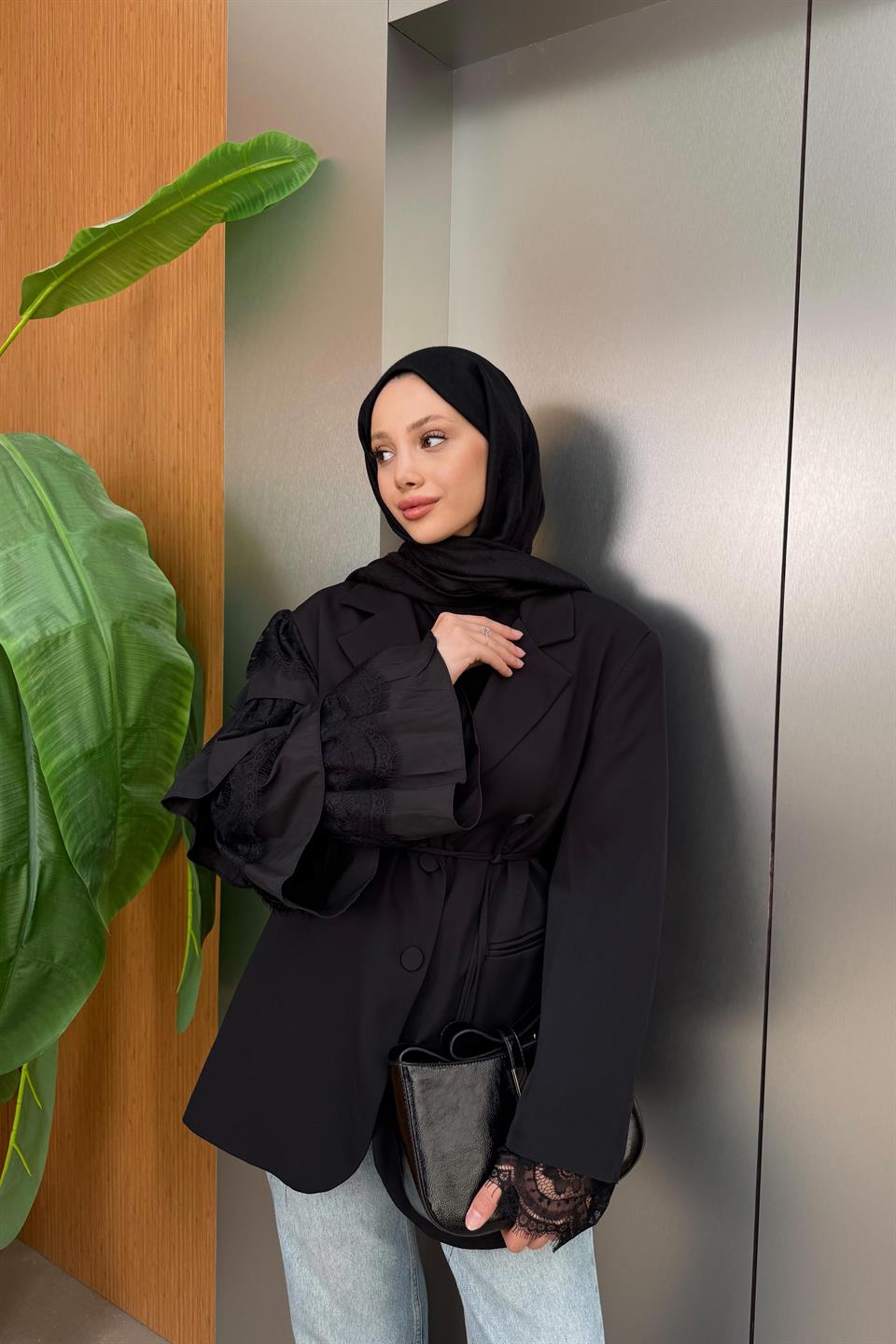 Premium Jacket with Lace Sleeves - Black 