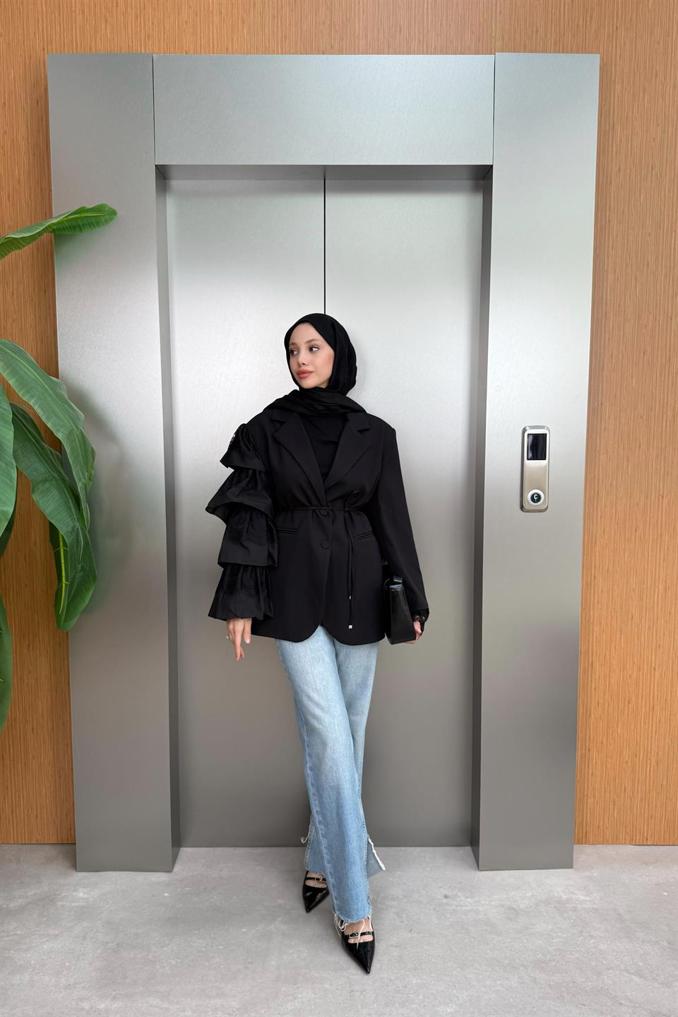 Premium Jacket with Lace Sleeves - Black 