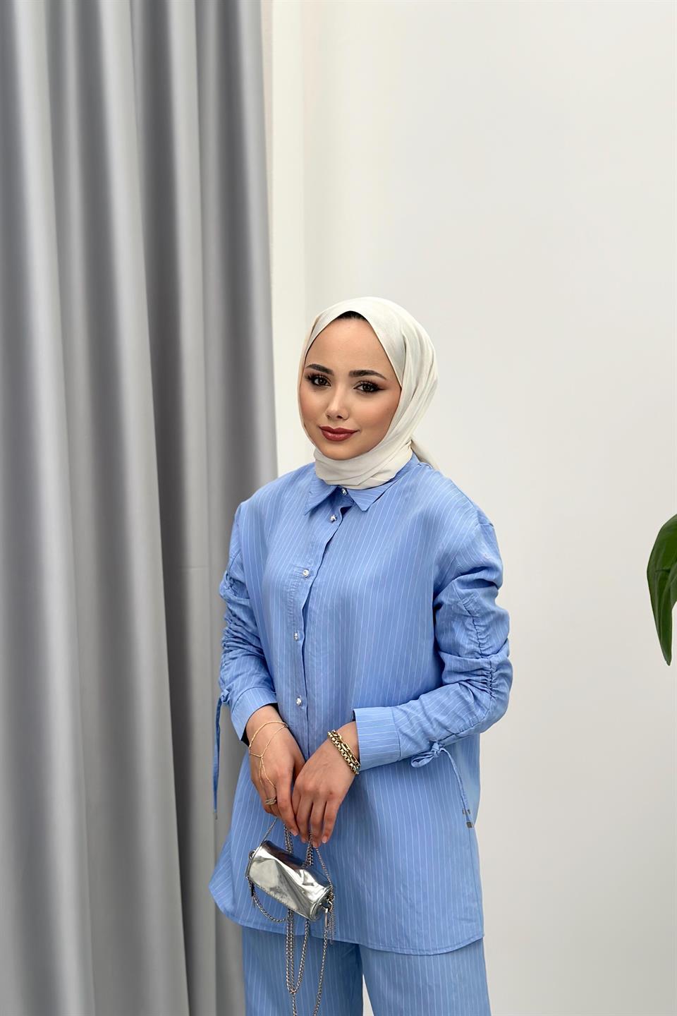 STRIPED SUIT WITH SHIRT SLEEVE - BLUE