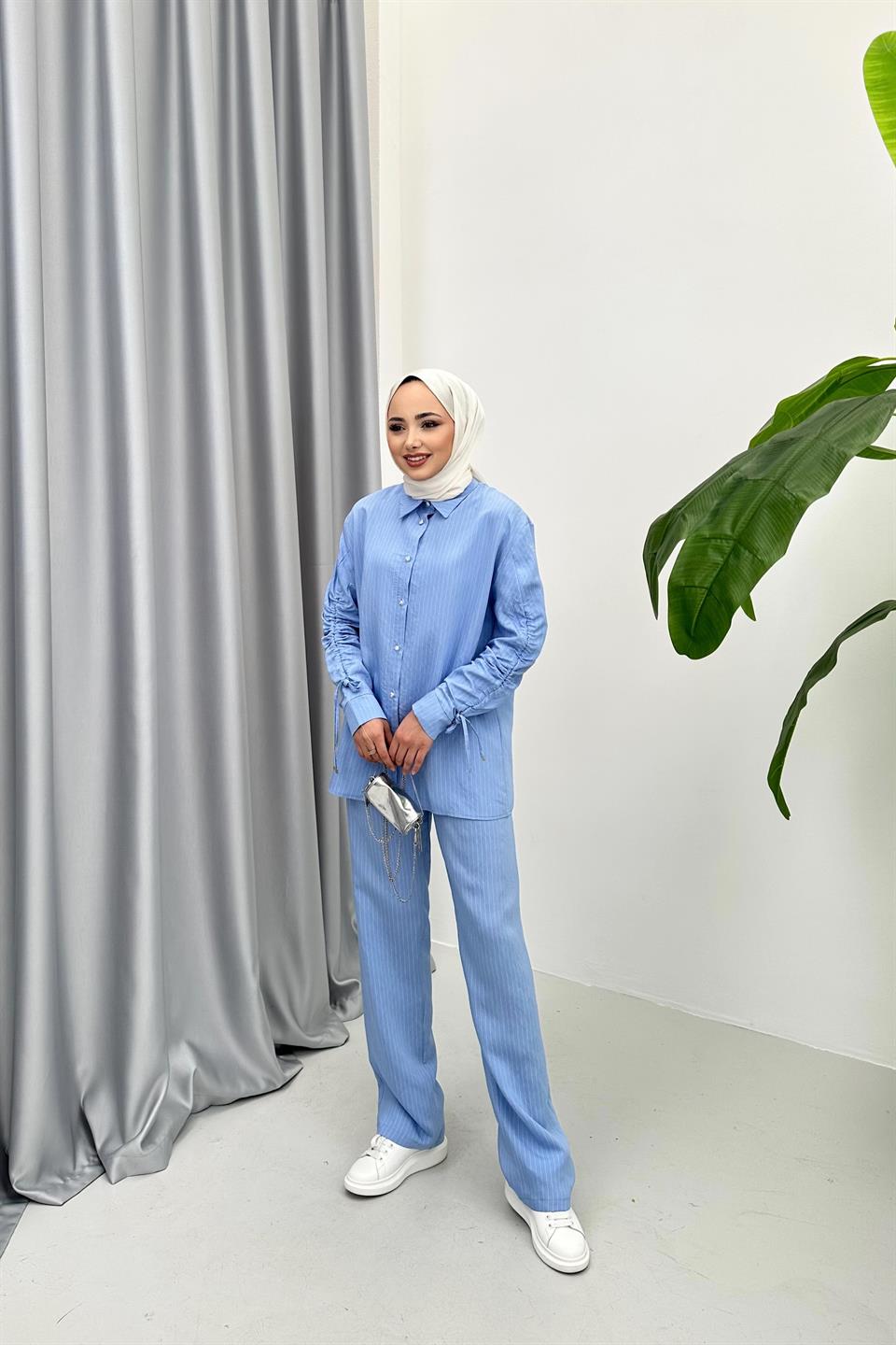 STRIPED SUIT WITH SHIRT SLEEVE - BLUE