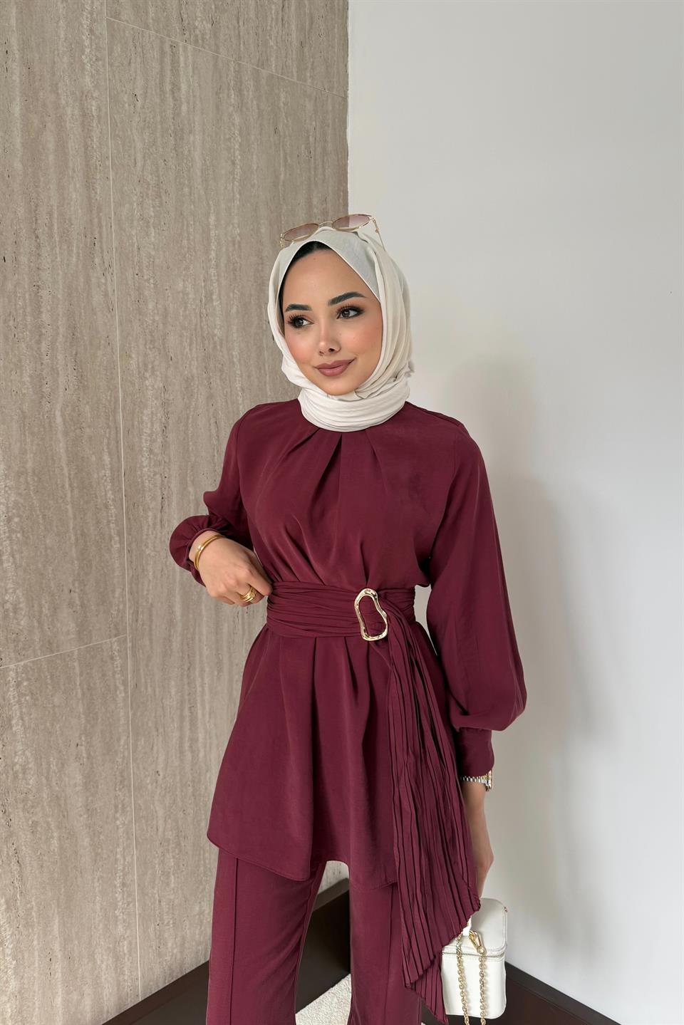 Kraş Kemerli Modal Pantolonlu Takım - Bordo