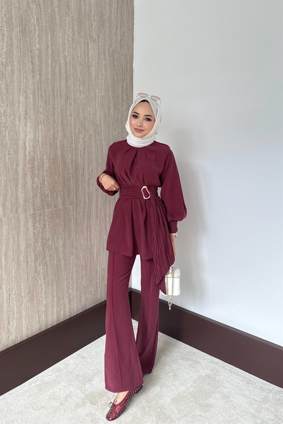 Kraş Kemerli Modal Pantolonlu Takım - Bordo