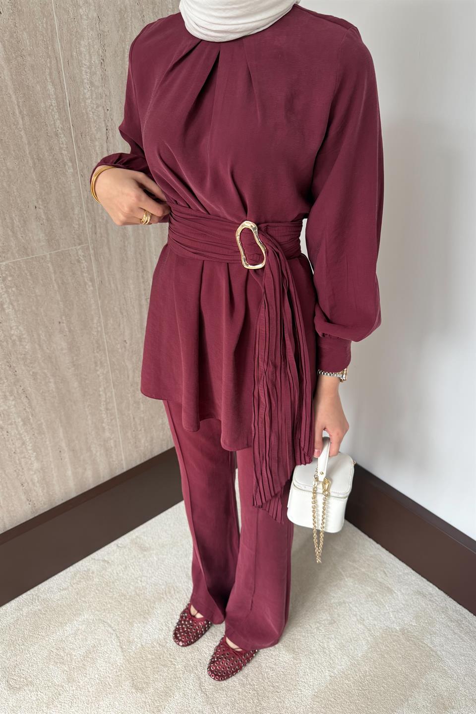 Kraş Kemerli Modal Pantolonlu Takım - Bordo