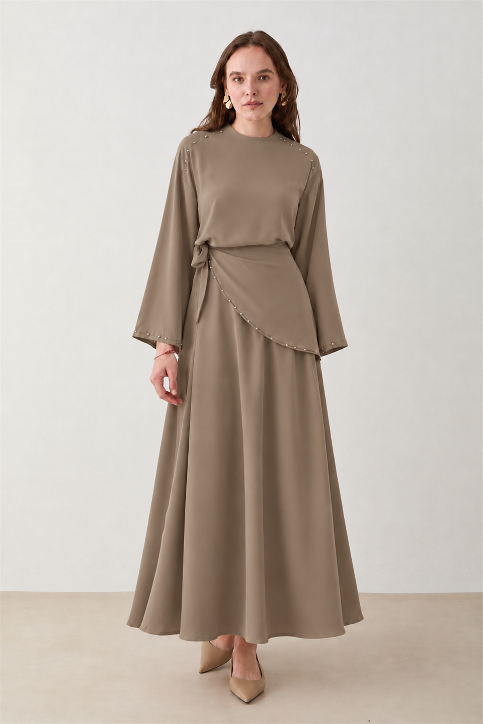 Kruvaze Bağlamalı Elbise - Camel