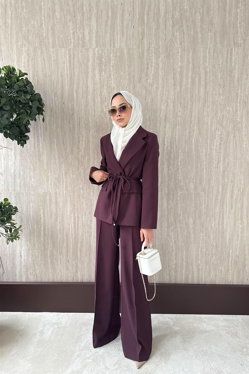 Kruvaze Yaka Blazer Ceketli Takım - Bordo
