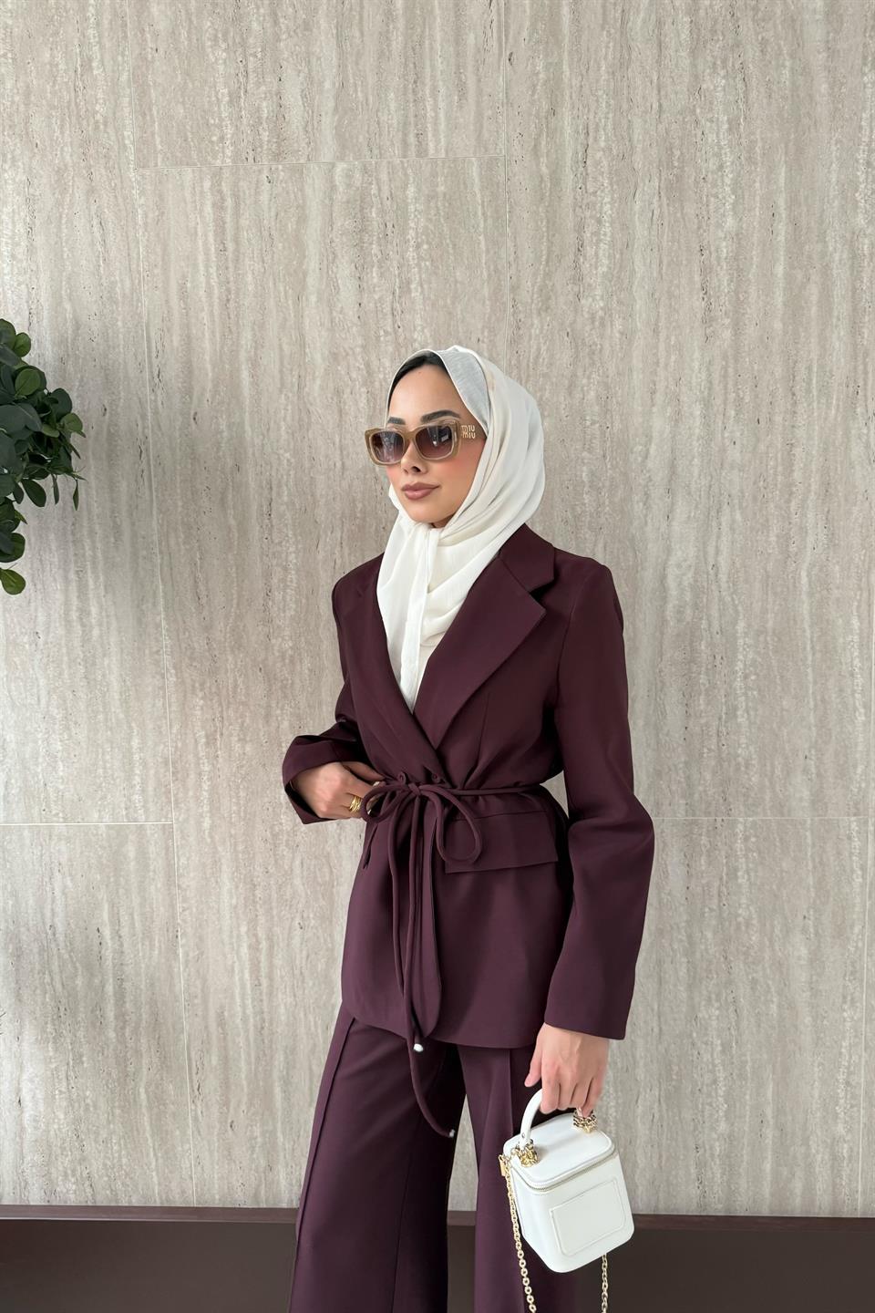 Kruvaze Yaka Blazer Ceketli Takım - Bordo