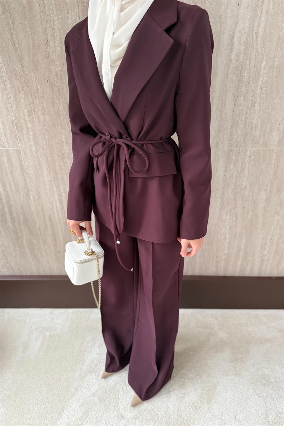 Kruvaze Yaka Blazer Ceketli Takım - Bordo