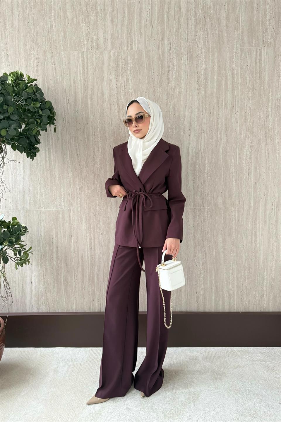 Kruvaze Yaka Blazer Ceketli Takım - Bordo