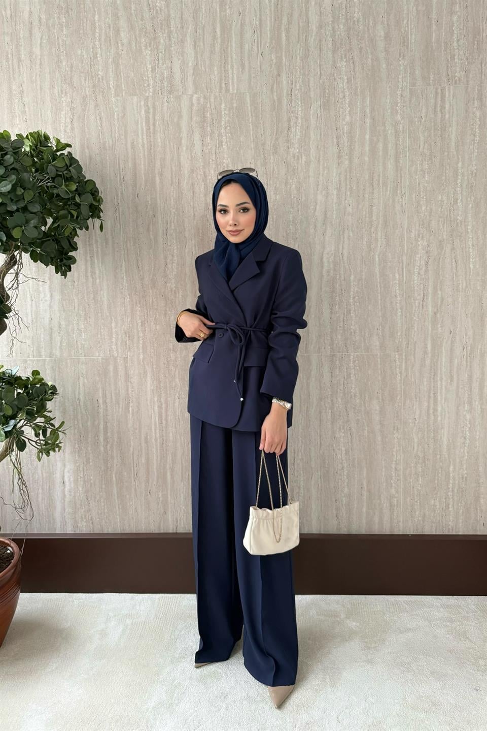 Kruvaze Yaka Blazer Ceketli Takım - Lacivert