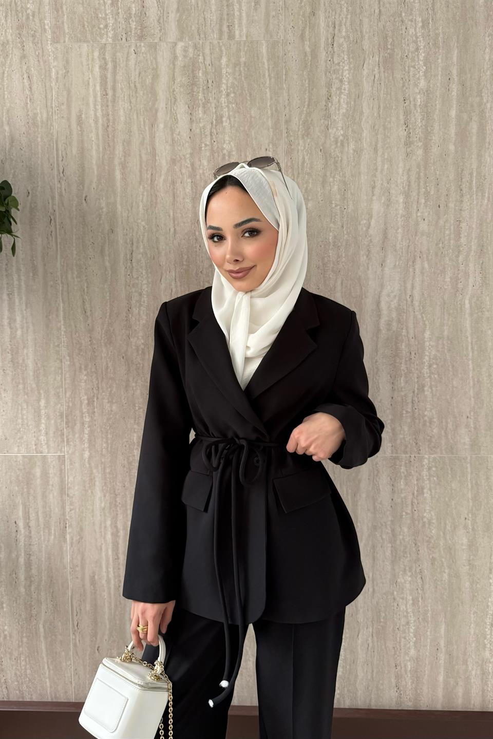 Kruvaze Yaka Blazer Ceketli Takım - Siyah