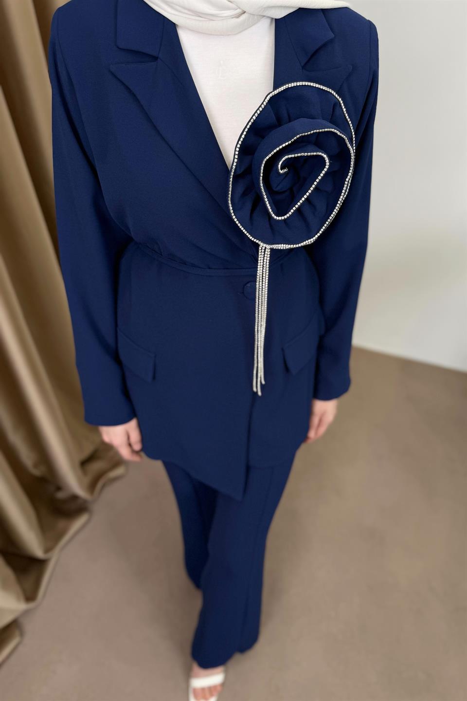 Double Breasted Floral Accessory Suit - Blue