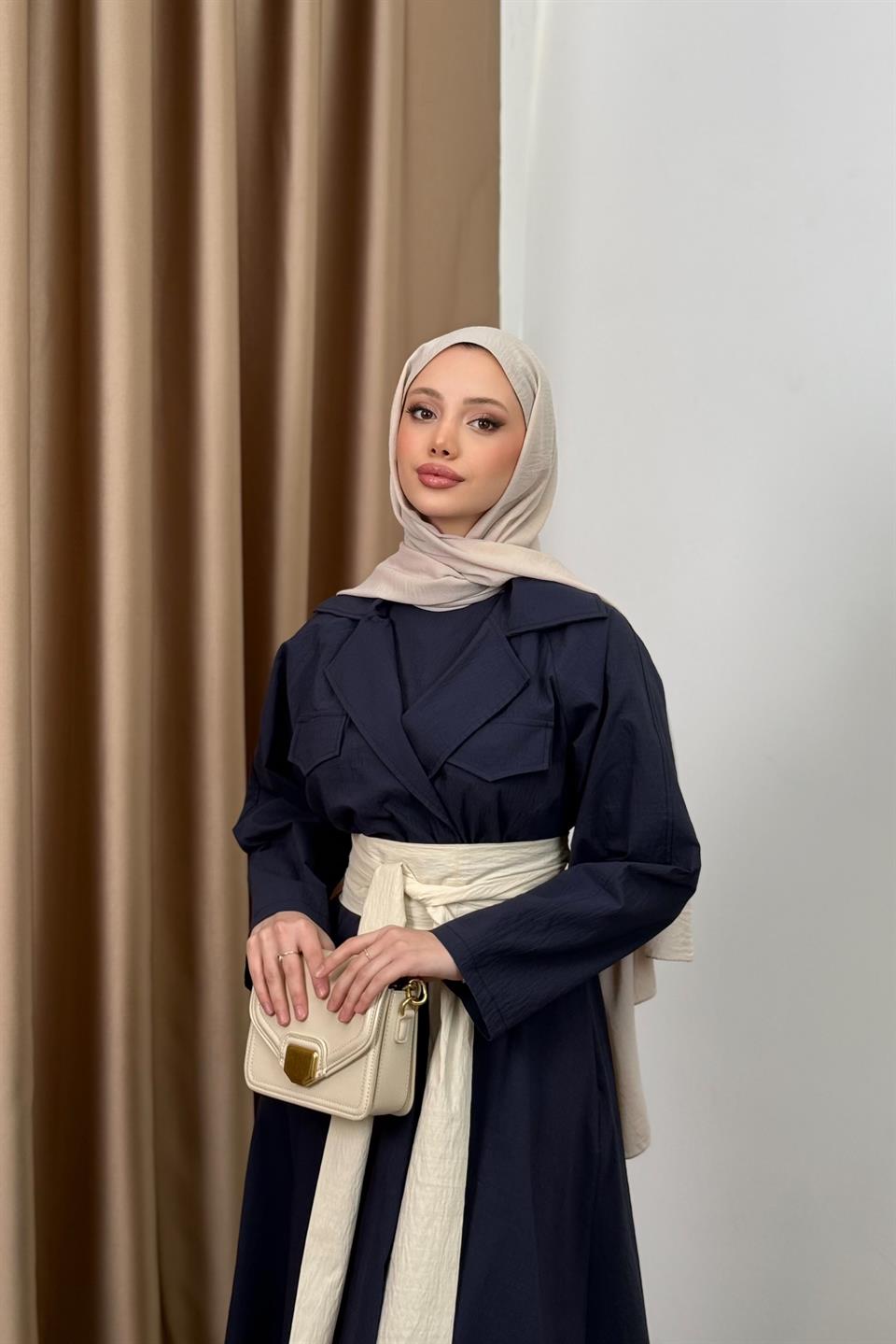 Kruvaze Yaka Garnili Elbise - Lacivert